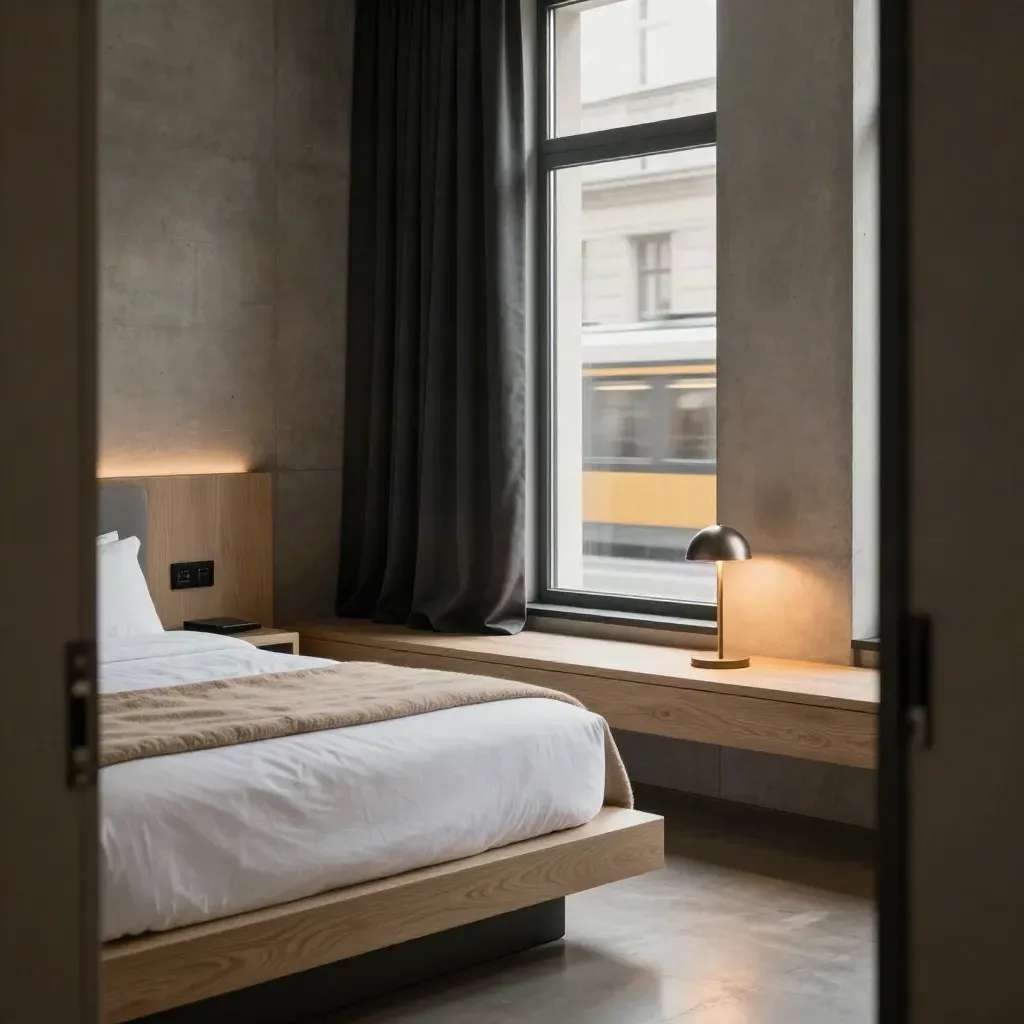 Camera d’hotel a Berlino con letto basso, cemento a vista, tenda blackout e luce serale calda.
