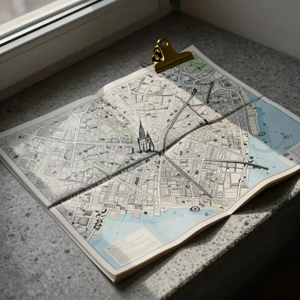 Mappa di Praga piegata su una mensola in pietra, con clip in ottone e luce dell'alba.